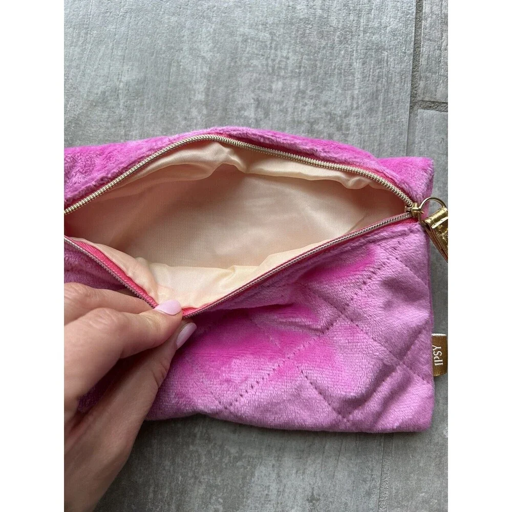 Bright pink Gold Velvet Makeup Bag Travel Pouch Clutch Wallet Organizer Case NEW